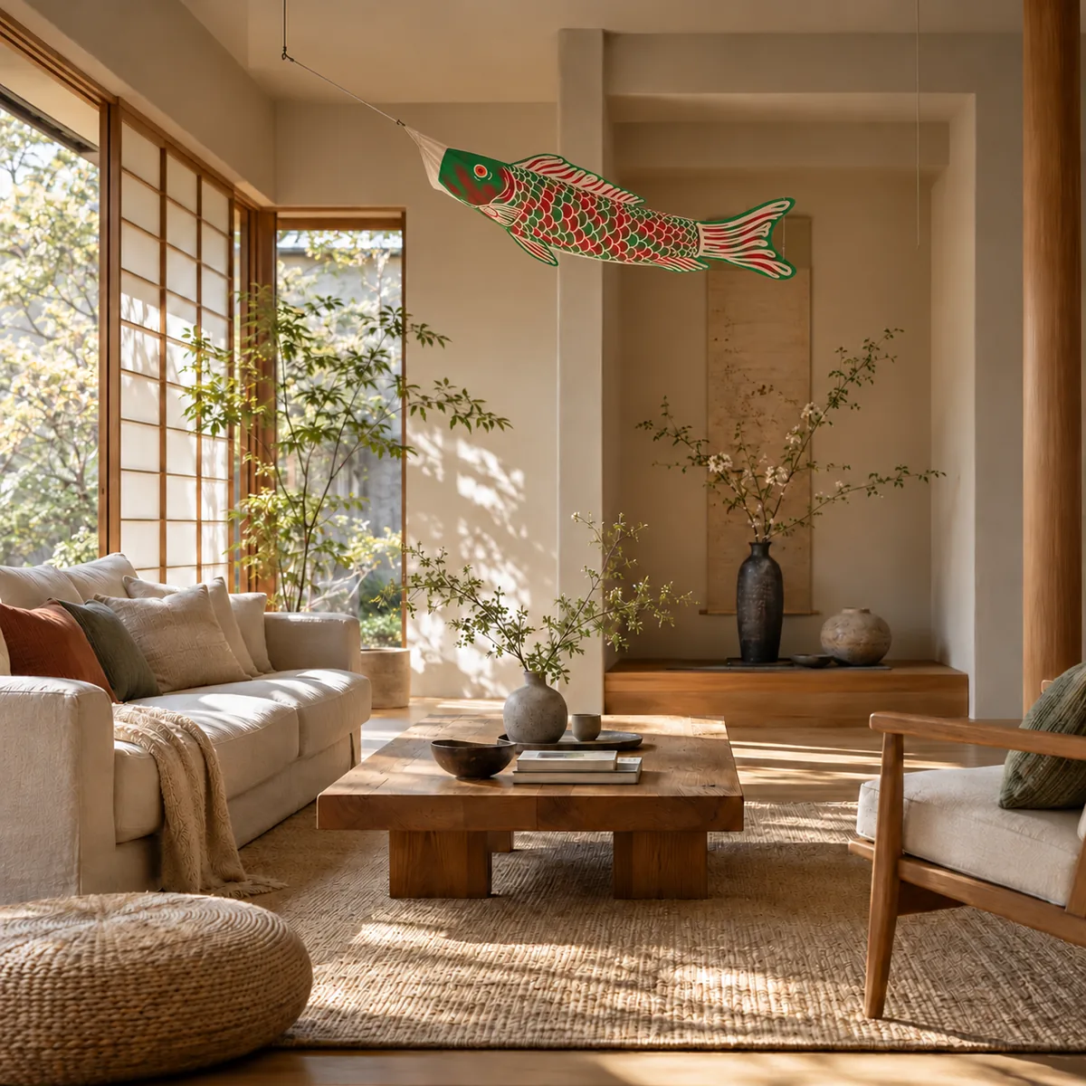 A bright living room in light wood, a koinobori with green and red scales hanging from the ceiling