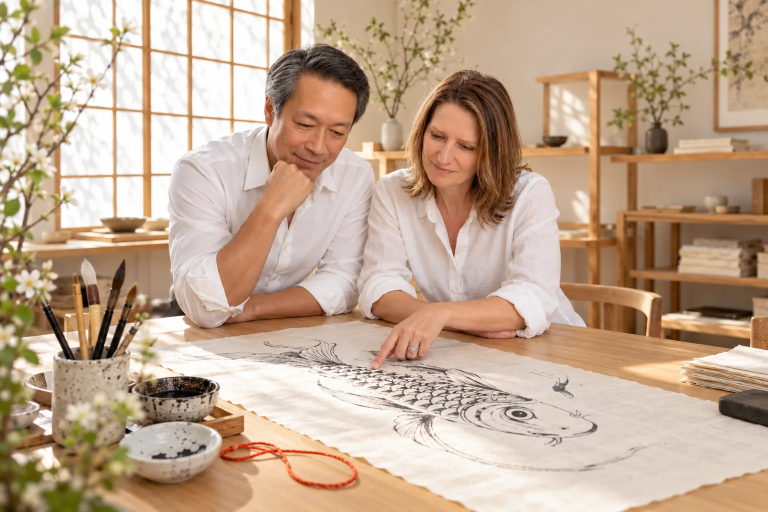 Alain and Catherine choosing a koi drawing