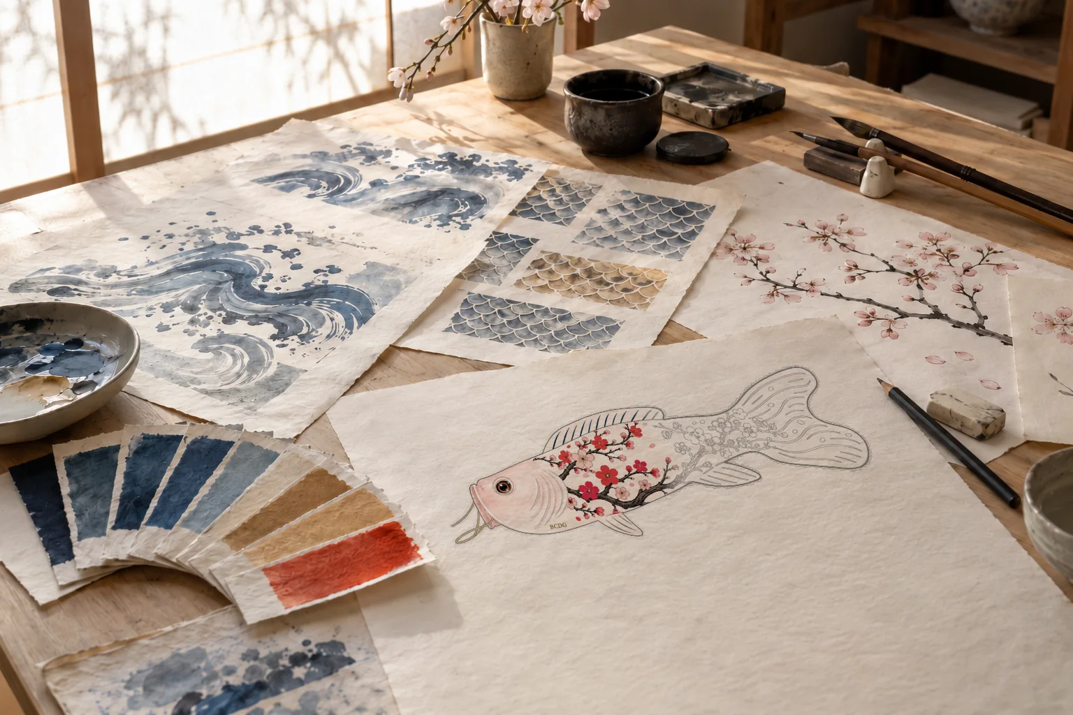 The Sakura Rouge being drawn, on a studio table