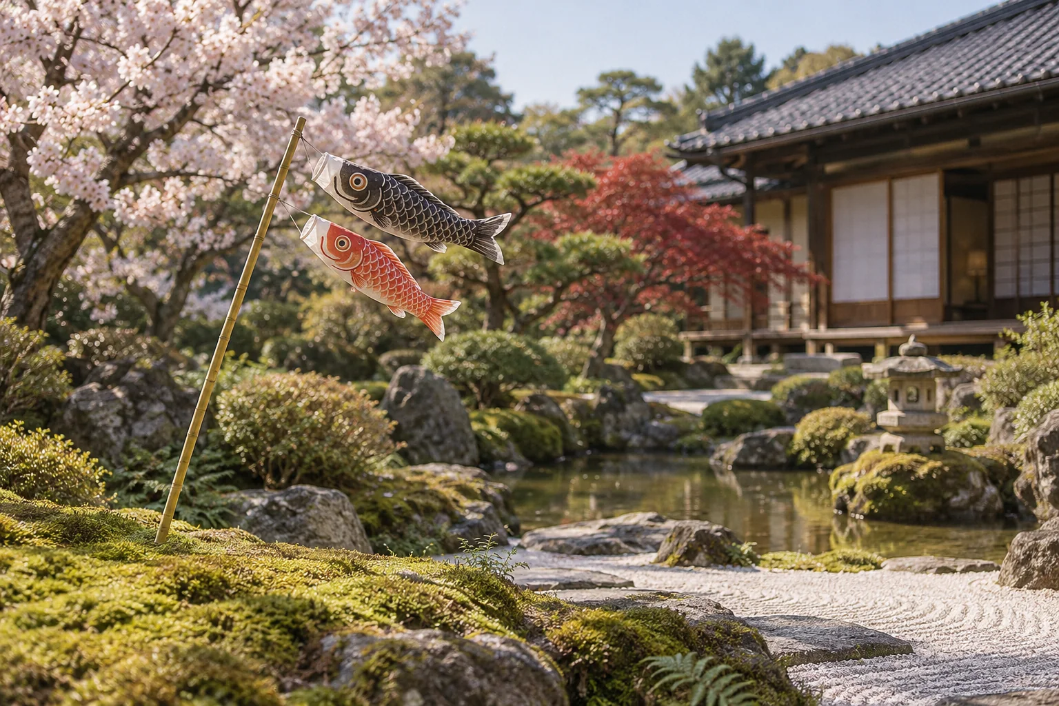 Two small cloth carps on a bamboo pole in a Japanese garden