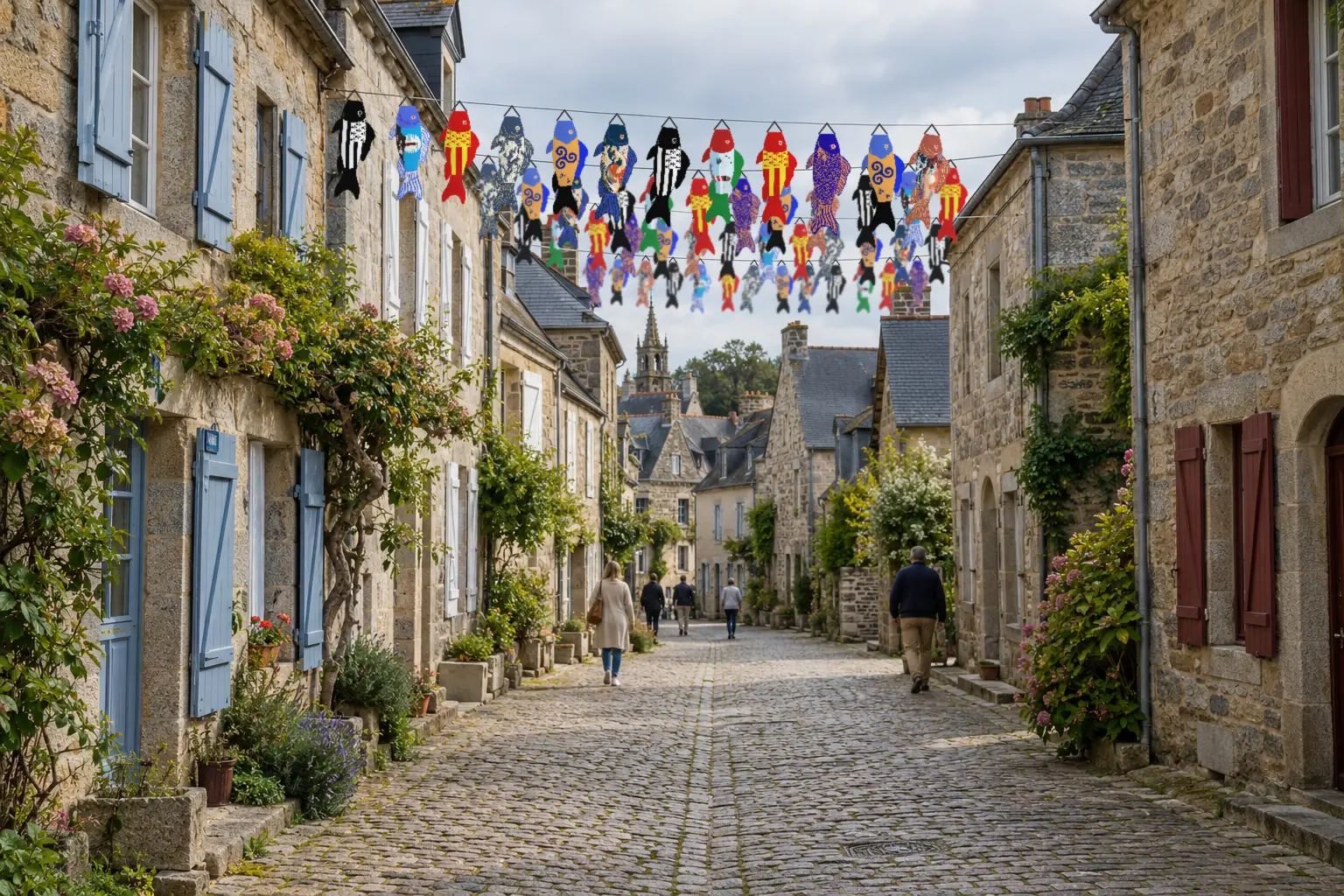Cobbled lane in a Breton village, rows of koinobori hanging from wires above passers-by