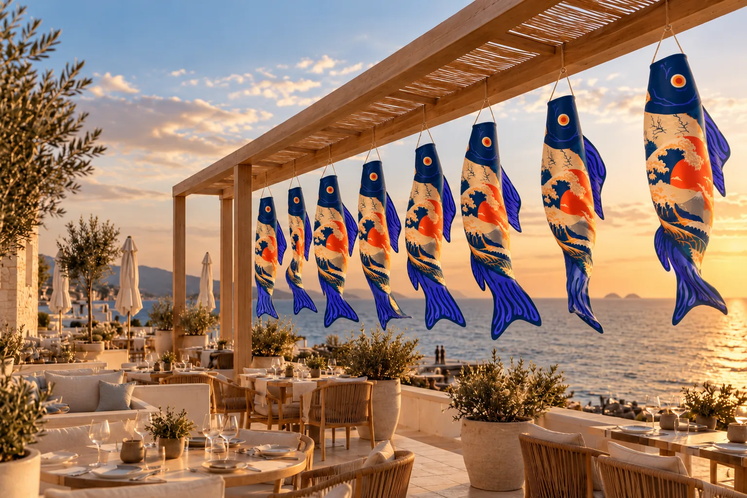Seaside terrace with a row of wave-patterned koinobori hanging from a pergola