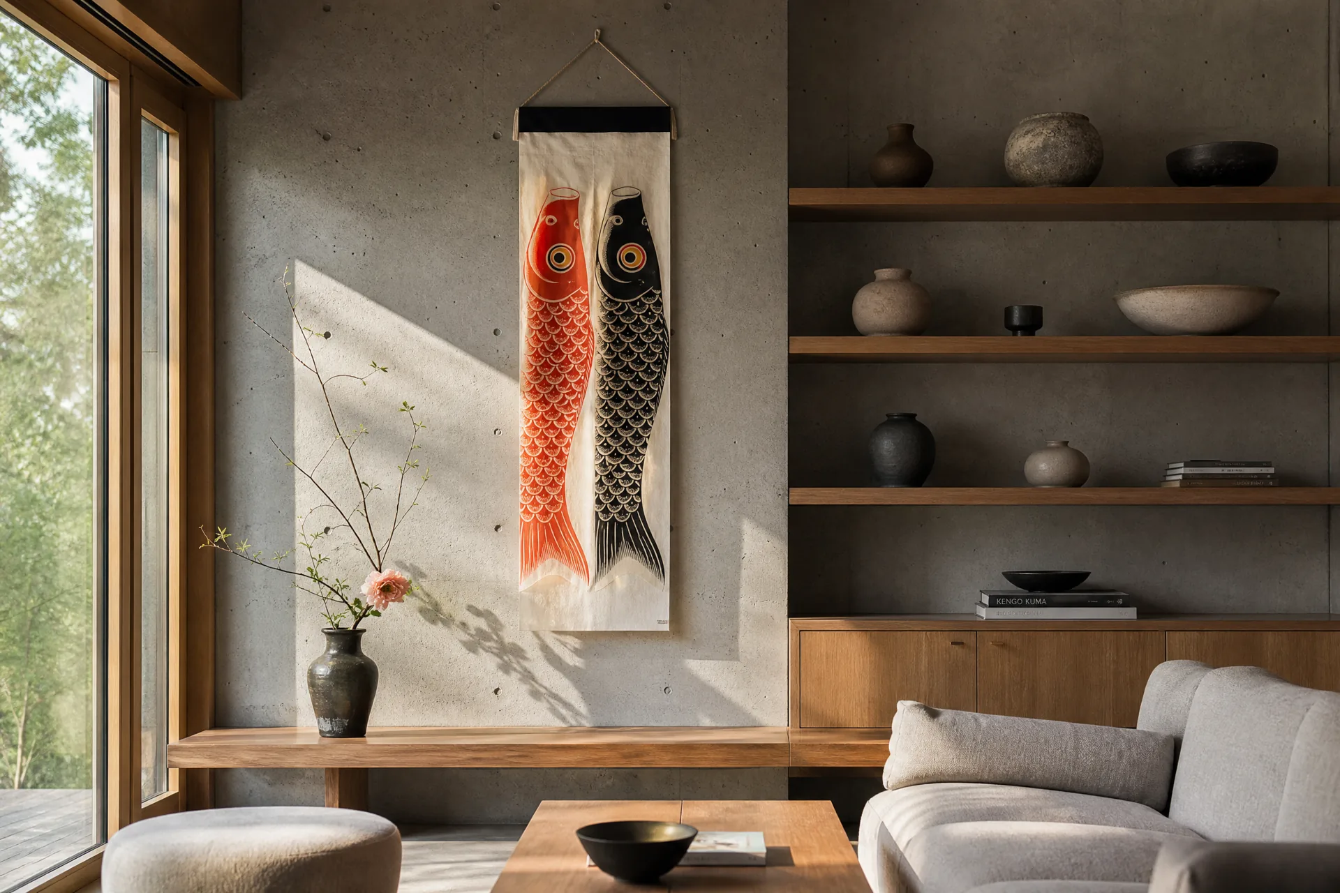 Contemporary interior with two koinobori hanging on the wall