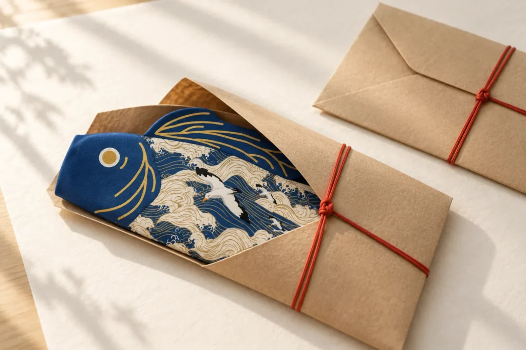 A koinobori folded in a kraft envelope tied with a vermilion cord, ready to ship
