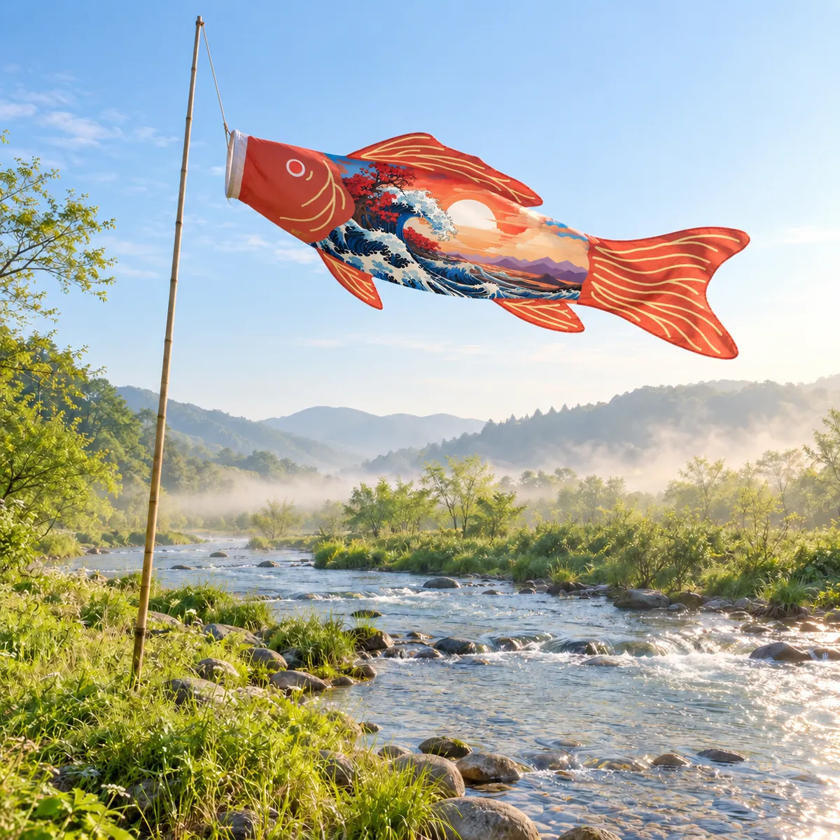 A koinobori flying in the wind above a stream at dawn