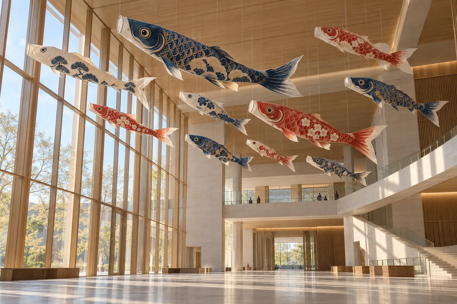 Koinobori suspended in a bright hall