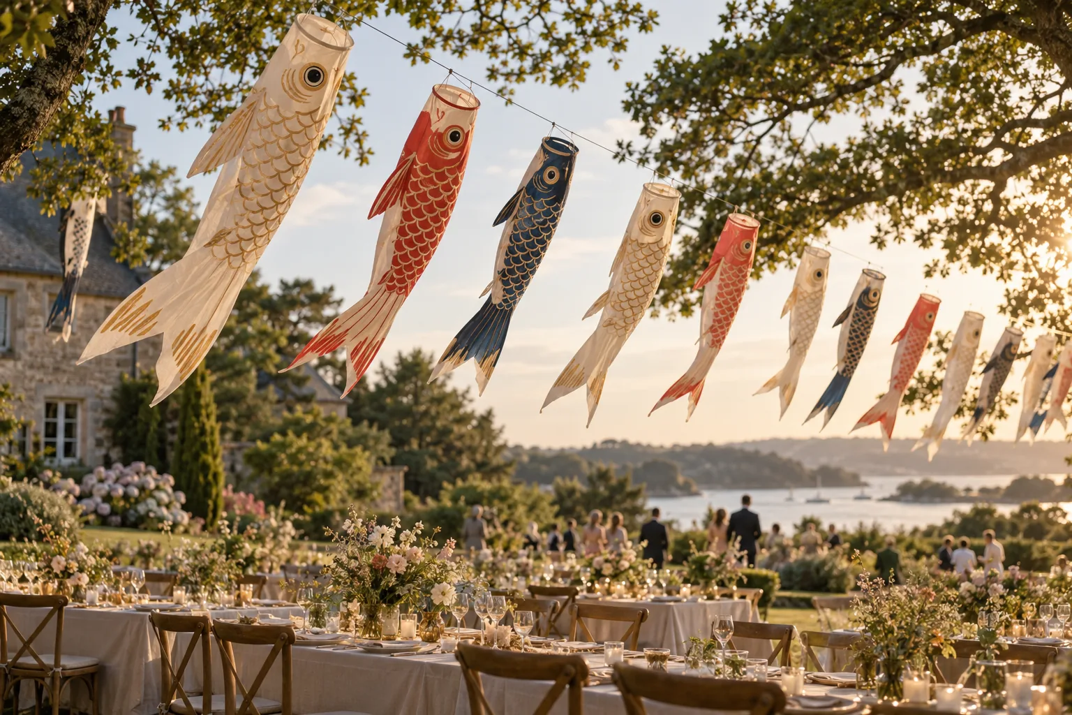 Garden celebration by the sea, a garland of ivory, vermilion and indigo koinobori above the tables